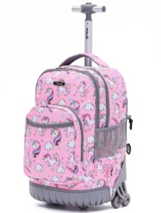 new tilami unicorn rolling backpack for kids, 18 inches adjustable laptop backpack with wheels for girls to school travel camping boys rolling backpack