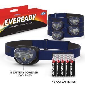 EVEREADY LED Headlamps Pro200 [5-Pack], IPX4 Water Resistant, Bright and Durable Head Lights for Camping, Hiking, Emergency Power Outage (Batteries Included)