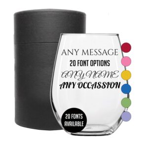 personalized printed 17oz stemless wine glass, gifts for women, customized christmas gifts, unique custom gifts for mother's day, customizable bridesmaid birthday wine tumbler, your text here