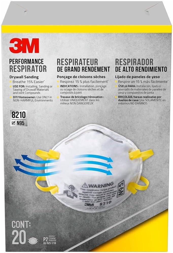 3M Personal Protective Equipment Particulate Respirator 8210 + N95 + Smoke + Dust + Grinding + Sanding + Sawing + Sweeping (Box/20)