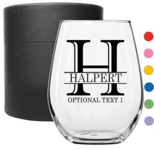 personalized printed 17oz stemless wine glass, gifts for women, customized christmas gifts, unique custom gifts for mom, customizable bridesmaid birthday wine tumbler, halpert monogram