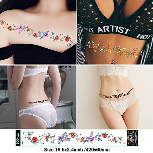 Sexy Flower Navel Tattoo Stickers 12 Sheets Long Belly Abdomen Waist Back Waterproof Temporary Tattoos for Women Girls Fake Body Tattoos