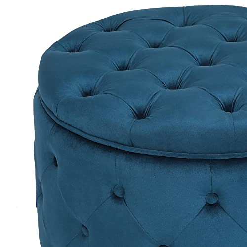 Homebeez Round Velvet Storage Ottoman, Button Tufted Footrest Stool Coffee Table for Living Room,24.8" L x 24.8" W x 15.4" H,Navy Blue