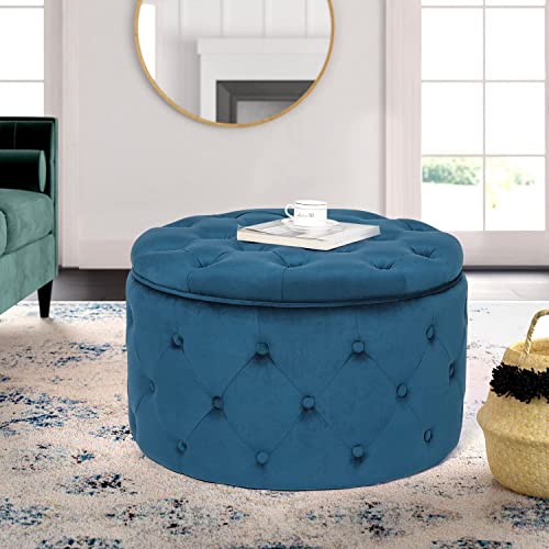 Homebeez Round Velvet Storage Ottoman, Button Tufted Footrest Stool Coffee Table for Living Room,24.8" L x 24.8" W x 15.4" H,Navy Blue