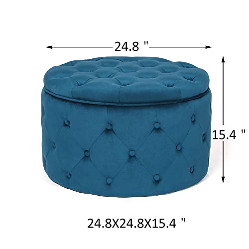 Homebeez Round Velvet Storage Ottoman, Button Tufted Footrest Stool Coffee Table for Living Room,24.8" L x 24.8" W x 15.4" H,Navy Blue