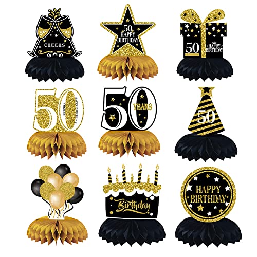 50th Birthday Decorations Men 9PCS Honeycomb Centerpieces for Tables Decorations Black Gold Toppers Cheers to 50 Years Birthday Party SuppliesTable Sign Decor Men and Women