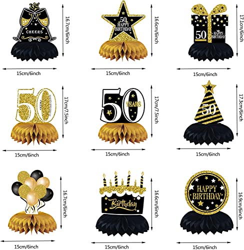 50th Birthday Decorations Men 9PCS Honeycomb Centerpieces for Tables Decorations Black Gold Toppers Cheers to 50 Years Birthday Party SuppliesTable Sign Decor Men and Women