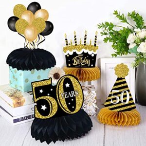 50th Birthday Decorations Men 9PCS Honeycomb Centerpieces for Tables Decorations Black Gold Toppers Cheers to 50 Years Birthday Party SuppliesTable Sign Decor Men and Women