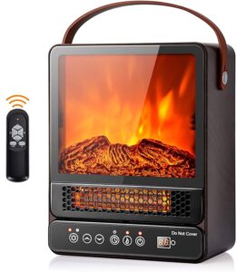futada portable electric fireplace, 750w/1500w mini electric heater, small fireplace with realistic 3d flame effect, remote control, tabletop fireplace heater for home office indoor use (walnut)