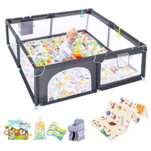 jhtopjh baby playpen set, playpen with collapsible baby play mat, indoor baby play yard with 50pcs pit ball, baby play pen with soft baby book,anti-fall playpen for toddler(gray)