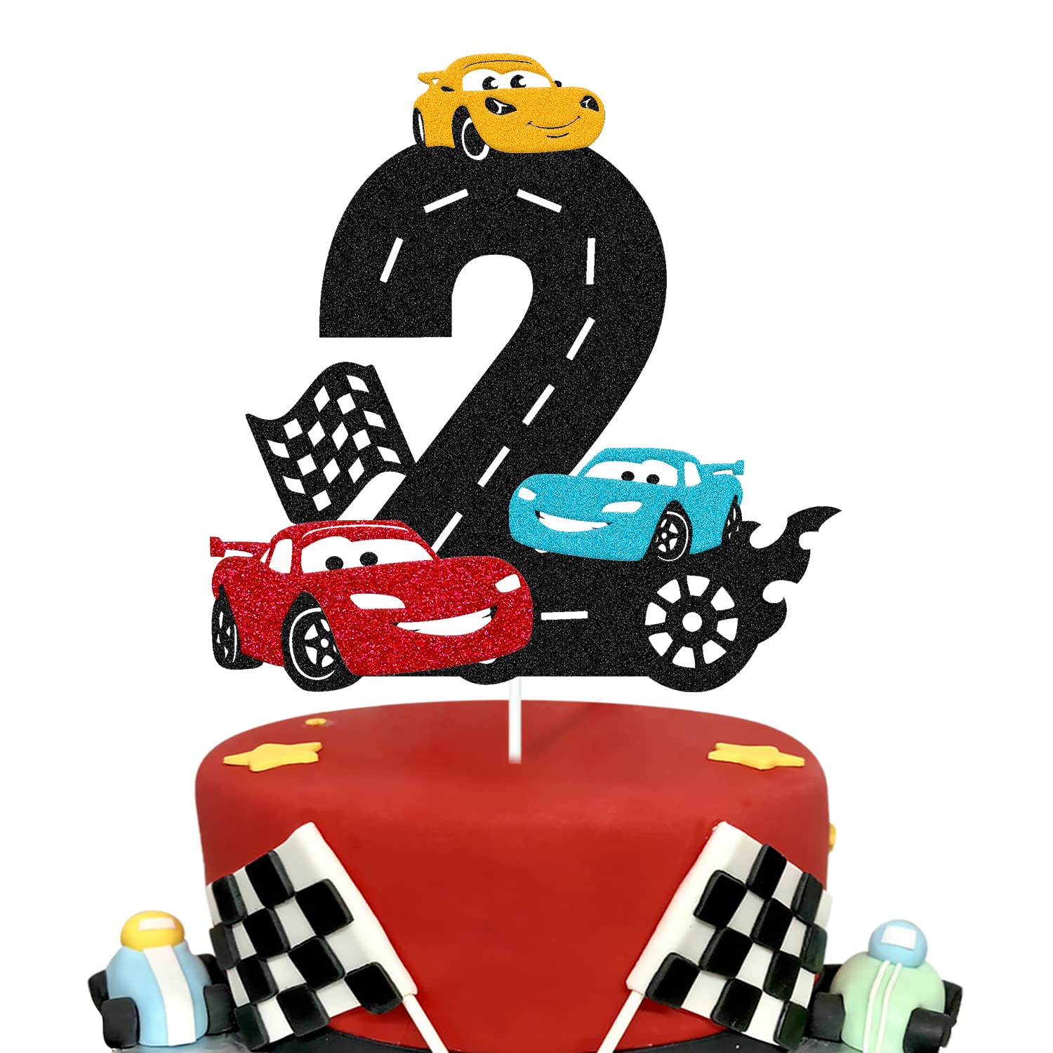 Race Car 2nd Birthday Cake Topper Two Fast Cake Decoration for Racing Car Checkered Flag Themed Kids Boy Girl 2s Years Old Happy 2 Bday Party Decor Supplies Double Sided