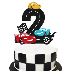 Race Car 2nd Birthday Cake Topper Two Fast Cake Decoration for Racing Car Checkered Flag Themed Kids Boy Girl 2s Years Old Happy 2 Bday Party Decor Supplies Double Sided