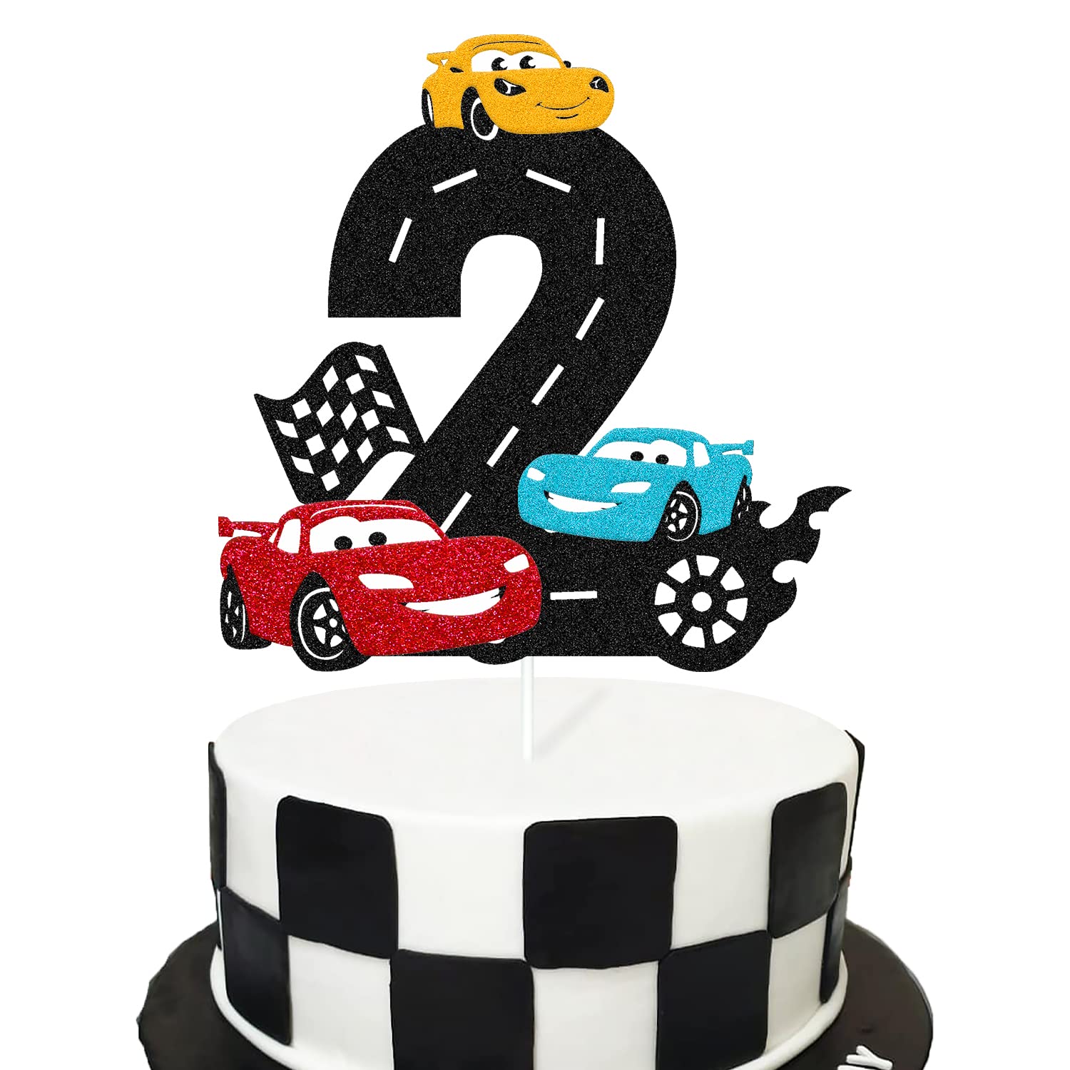 Race Car 2nd Birthday Cake Topper Two Fast Cake Decoration for Racing Car Checkered Flag Themed Kids Boy Girl 2s Years Old Happy 2 Bday Party Decor Supplies Double Sided
