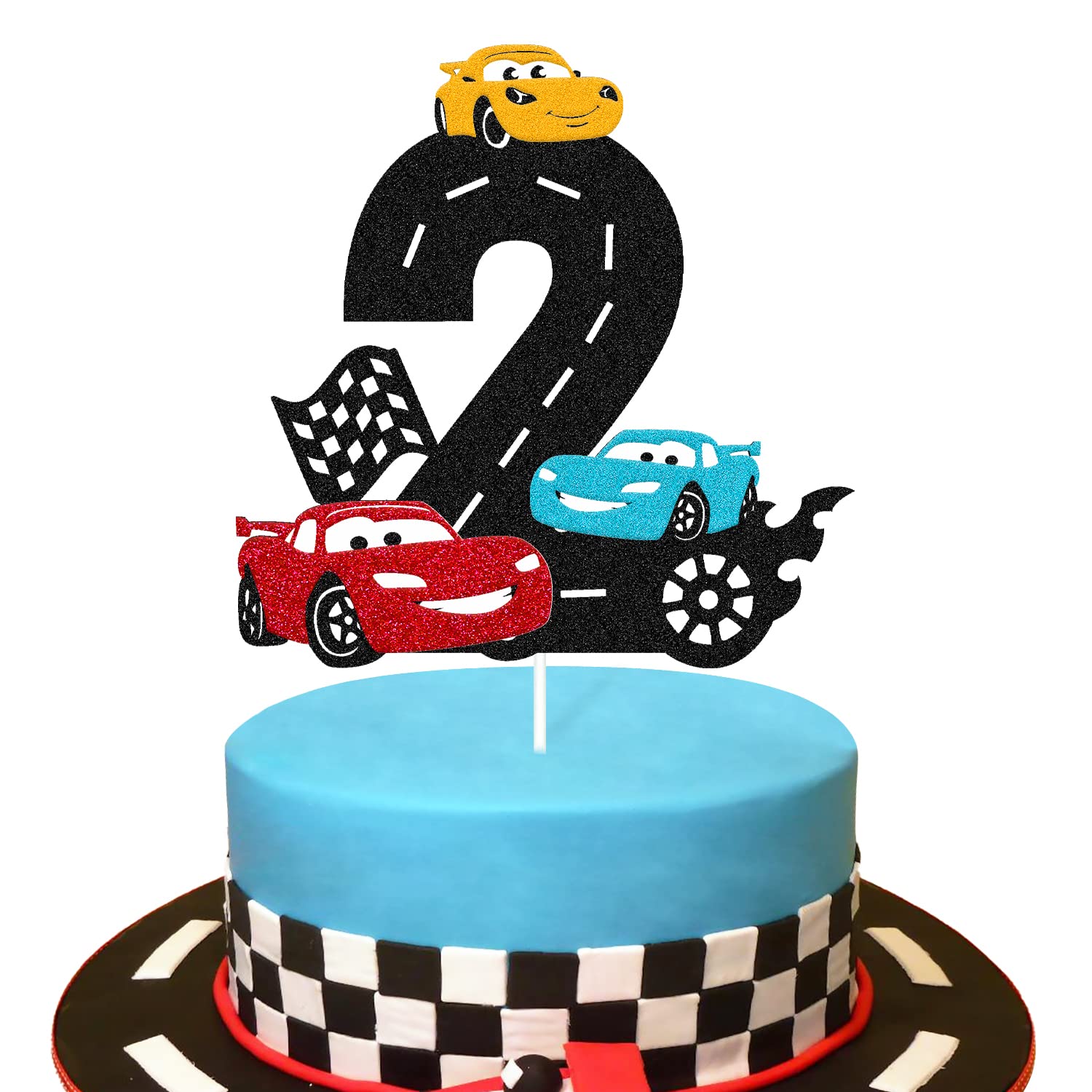 Race Car 2nd Birthday Cake Topper Two Fast Cake Decoration for Racing Car Checkered Flag Themed Kids Boy Girl 2s Years Old Happy 2 Bday Party Decor Supplies Double Sided