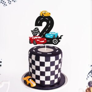 Race Car 2nd Birthday Cake Topper Two Fast Cake Decoration for Racing Car Checkered Flag Themed Kids Boy Girl 2s Years Old Happy 2 Bday Party Decor Supplies Double Sided