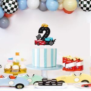 Race Car 2nd Birthday Cake Topper Two Fast Cake Decoration for Racing Car Checkered Flag Themed Kids Boy Girl 2s Years Old Happy 2 Bday Party Decor Supplies Double Sided