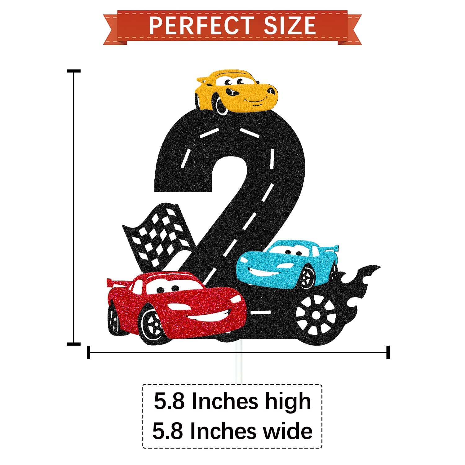 Race Car 2nd Birthday Cake Topper Two Fast Cake Decoration for Racing Car Checkered Flag Themed Kids Boy Girl 2s Years Old Happy 2 Bday Party Decor Supplies Double Sided