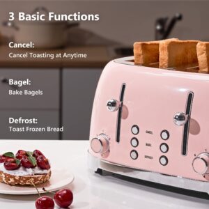 REDMOND 4 Slice Toaster Retro Stainless Steel Toasters with Bagel Defrost Cancel Function, 6 Browning Settings, Pink, ST033