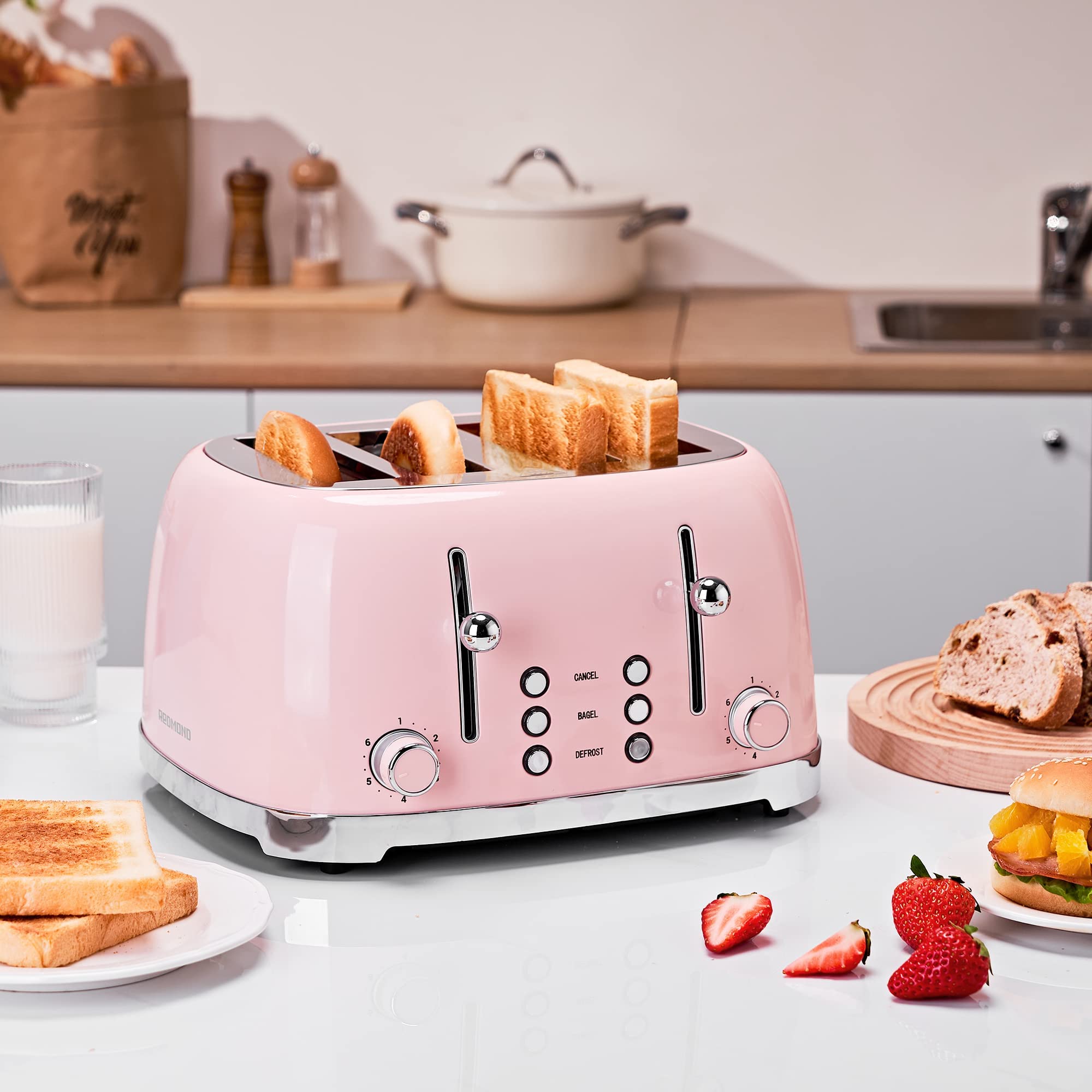 REDMOND 4 Slice Toaster Retro Stainless Steel Toasters with Bagel Defrost Cancel Function, 6 Browning Settings, Pink, ST033