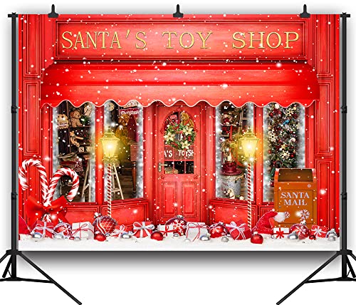 DePhoto Red Christmas Photo Backdrop Santa's Toy Shop Candy Cane in Snow World Xmas Family Holiday Party Banner Photography Background Supplies Decor Studio Prop PGT673F 15X10ft