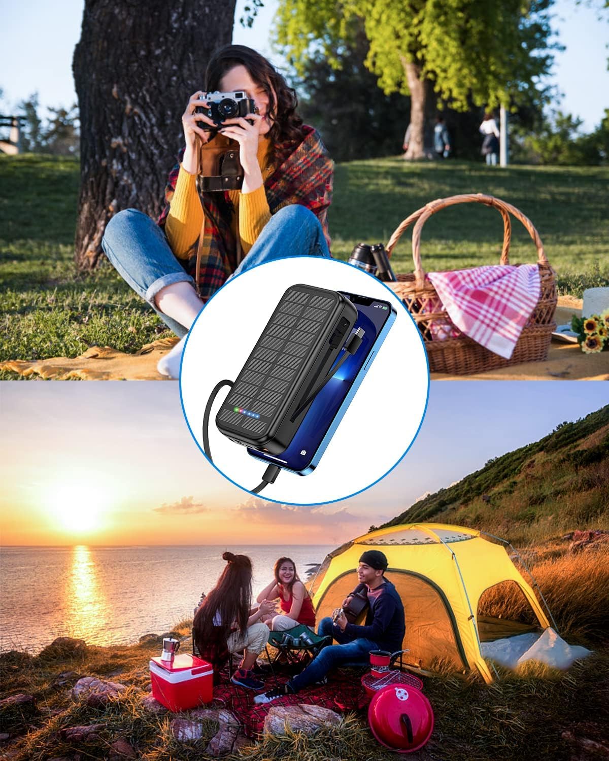 Portable Charger with Built in Cable Power Bank 30000mAh Fast Charging PD 20W Battery Pack 5 Output und 4 Input Backup Charger Travel for iPhone Android Samsung etc-Black