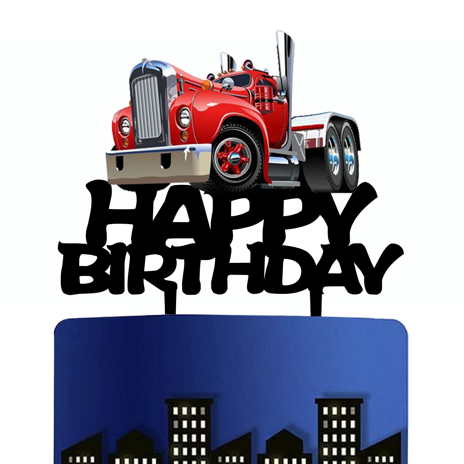 Heavy Truck Cake Topper Black Acrylic Transportation Theme Birthday Supplies, Heavy Truck Happy Birthday Cake Topper for Kid's Boy's Men' Birthday Party Decorations（Red）