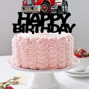 Heavy Truck Cake Topper Black Acrylic Transportation Theme Birthday Supplies, Heavy Truck Happy Birthday Cake Topper for Kid's Boy's Men' Birthday Party Decorations（Red）