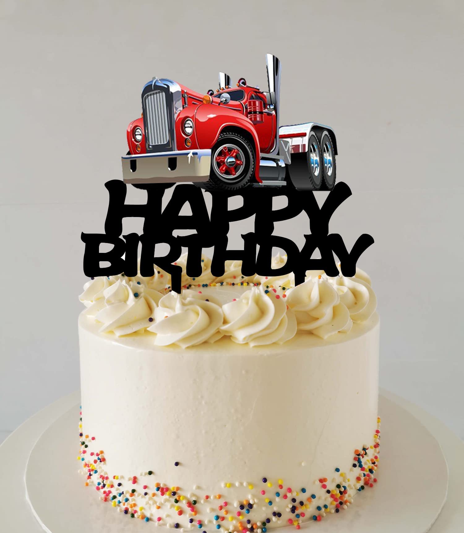 Heavy Truck Cake Topper Black Acrylic Transportation Theme Birthday Supplies, Heavy Truck Happy Birthday Cake Topper for Kid's Boy's Men' Birthday Party Decorations（Red）