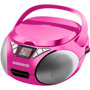 magnavox md6924 portable top loading cd boombox with am/fm stereo radio in black | cd-r/cd-rw compatible | led display | aux port supported | programmable cd player | (pink)