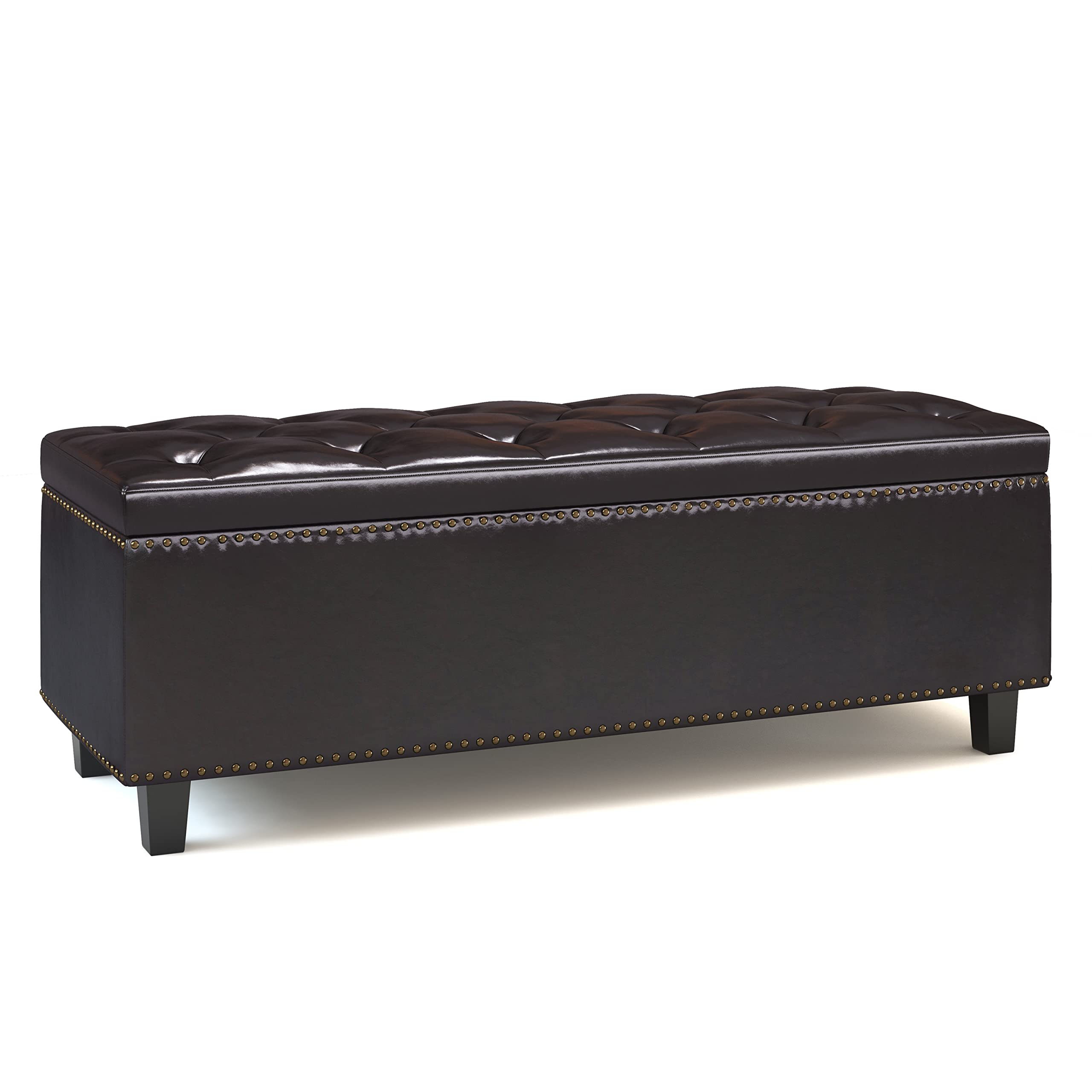 SIMPLIHOME Heatherton 48 Inch Wide Traditional Rectangle Storage Ottoman in Tanners Brown Vegan Faux Leather, For the Living Room and Bedroom