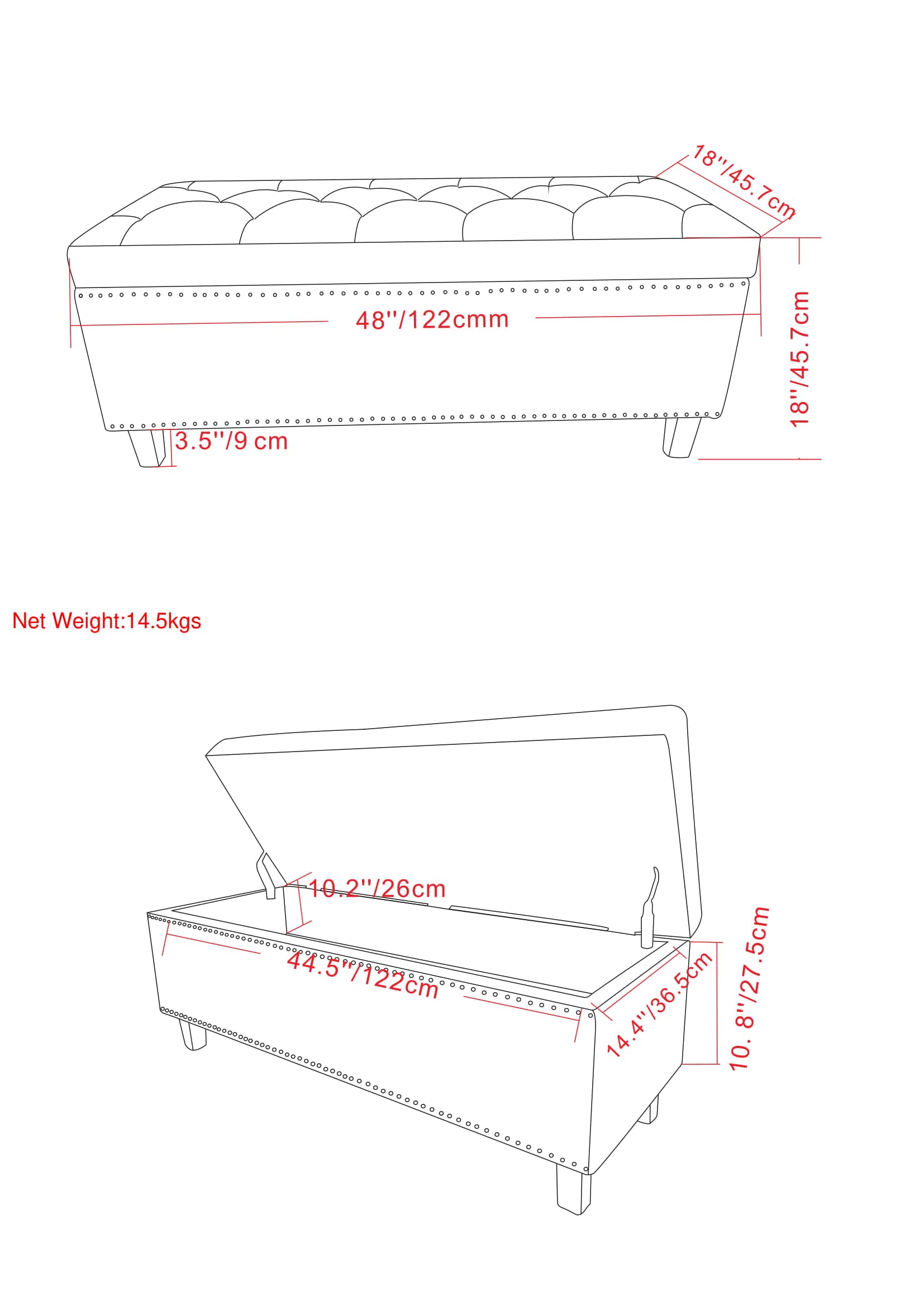 SIMPLIHOME Heatherton 48 Inch Wide Traditional Rectangle Storage Ottoman in Tanners Brown Vegan Faux Leather, For the Living Room and Bedroom