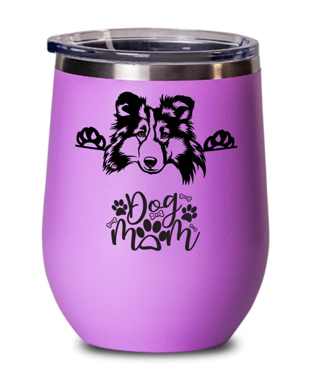 Shetland Sheepdog Dog Mom Wine Glass - 12oz Vacuum Insulated Stemless Wine Glass With Lid - A Birthday Or Christmas Gift For Shetland Sheepdog Dog Lov