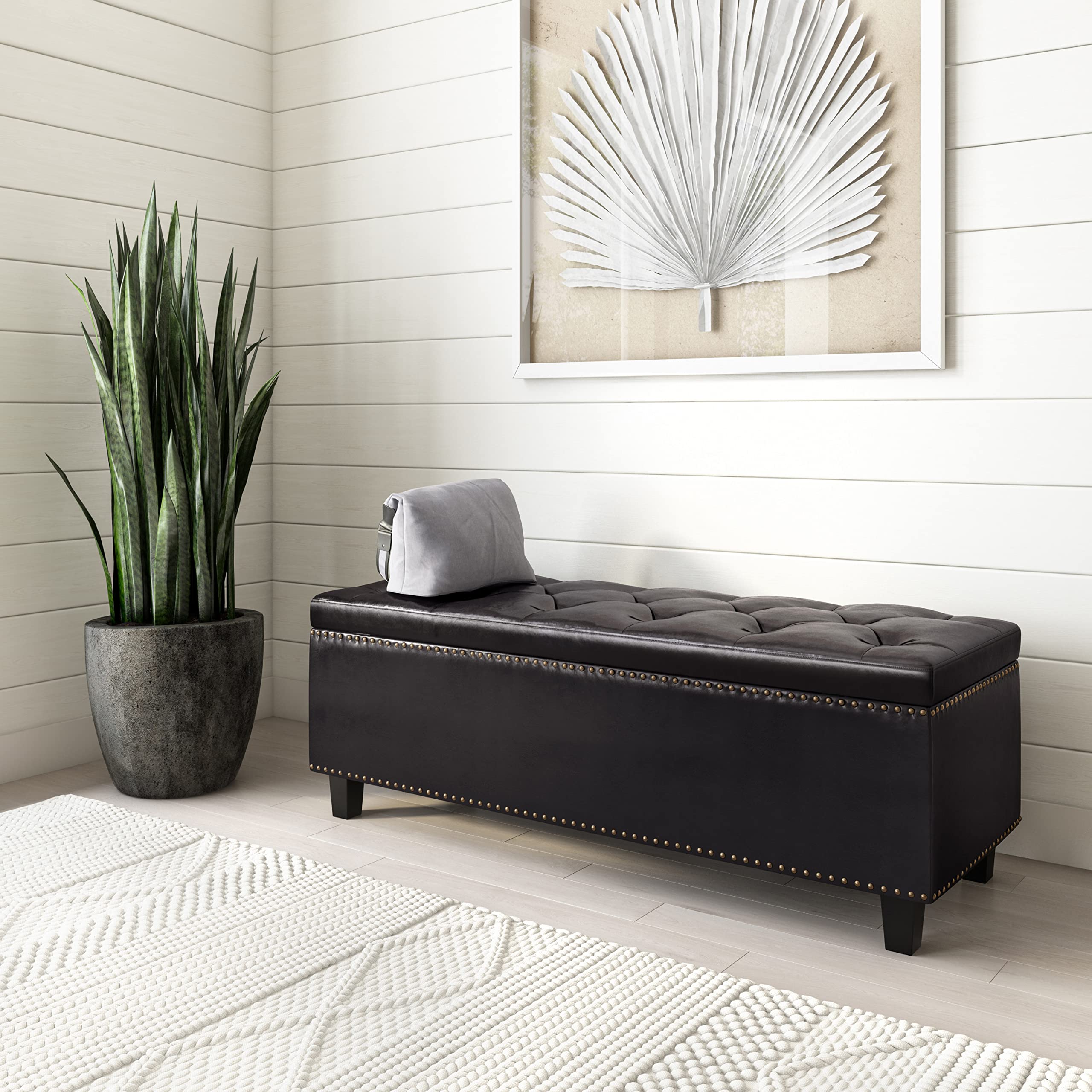 SIMPLIHOME Heatherton 48 Inch Wide Traditional Rectangle Storage Ottoman in Tanners Brown Vegan Faux Leather, For the Living Room and Bedroom