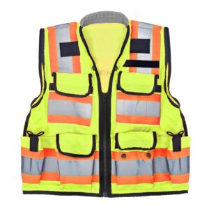 adirpro safety vest - high visibility reflective with zipper and utility pockets for surveyors engineers class 2 construction workers, fluorescent yellow, 10