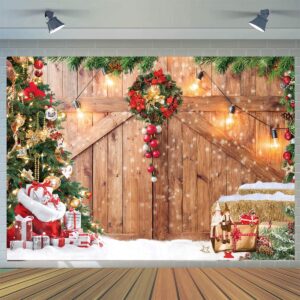 cylyh 8x6ft christmas backdrop for photography winter christmas rustic barn wood door photography backdrop xmas tree snow gifts decor background banner for family holiday party supplies d554