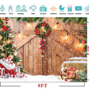 CYLYH 8x6FT Christmas Backdrop for Photography Winter Christmas Rustic Barn Wood Door Photography Backdrop Xmas Tree Snow Gifts Decor Background Banner for Family Holiday Party Supplies D554