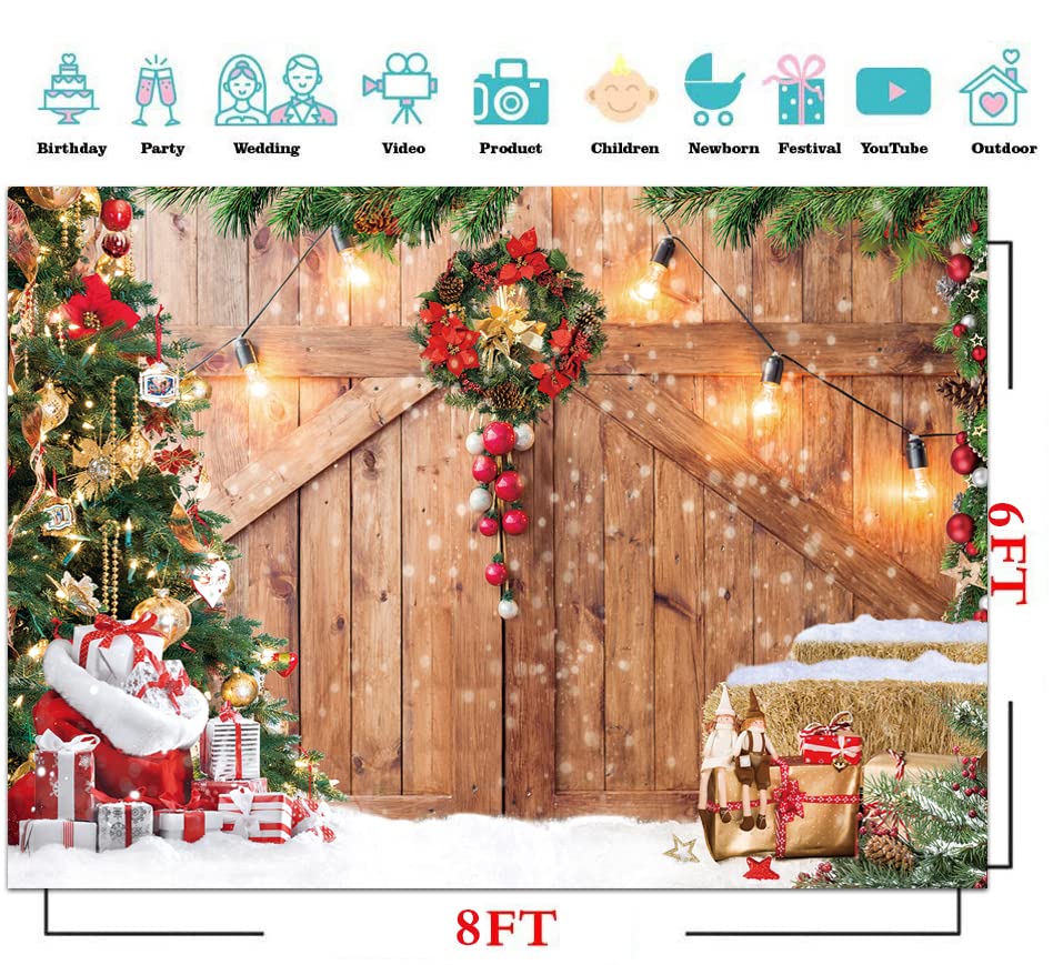 CYLYH 8x6FT Christmas Backdrop for Photography Winter Christmas Rustic Barn Wood Door Photography Backdrop Xmas Tree Snow Gifts Decor Background Banner for Family Holiday Party Supplies D554