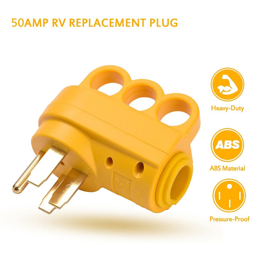 Snowy Fox Bundle RV 50 Amp Male Replacement Plug with 18 Inch RV Generator Adapter with Grip Handle