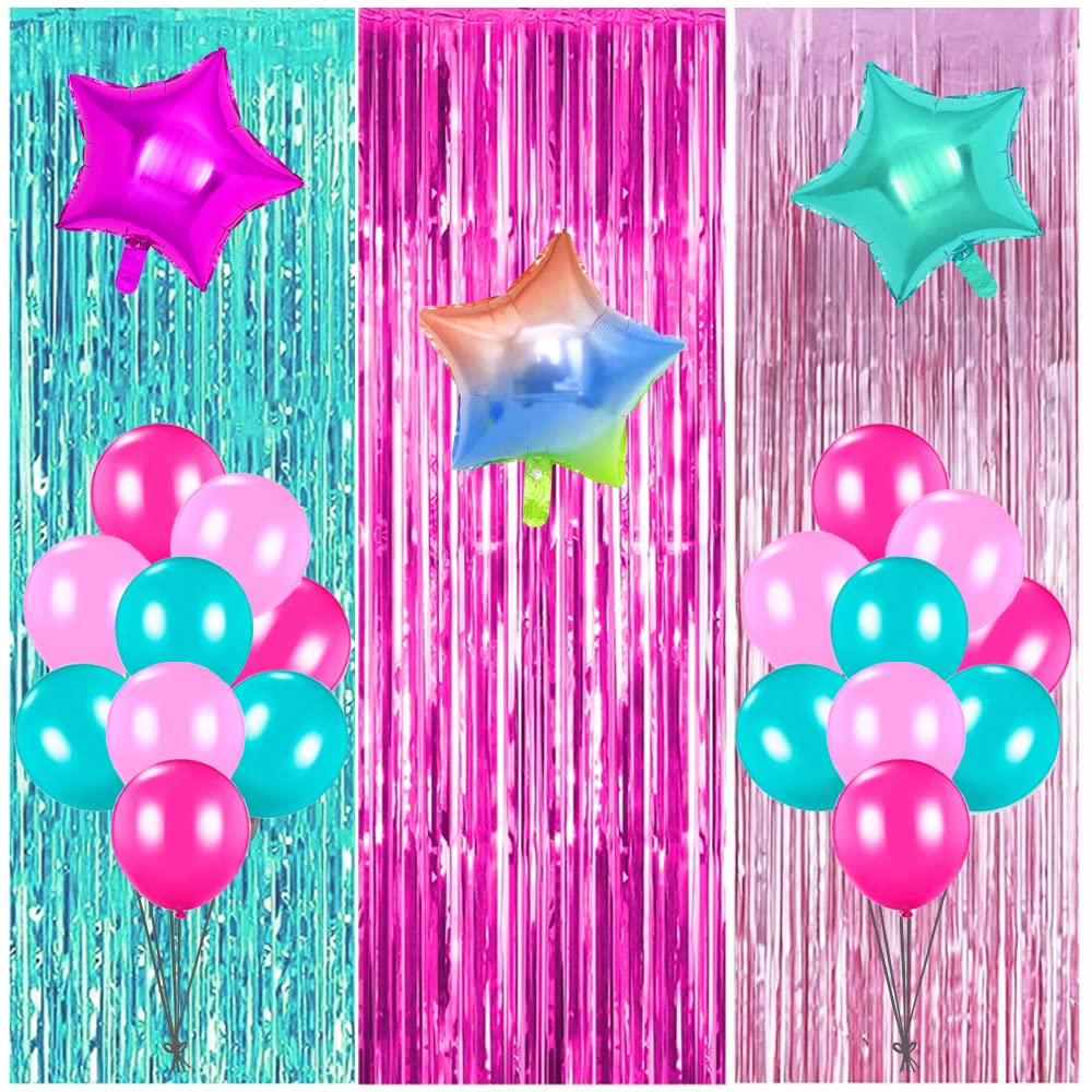 Surprise Party Supplies Birthday Decorations, Pink Teal Fuchsia Curtains and Balloons for Girls Surprise Party Cake Table Supplies to Booths Backdrop