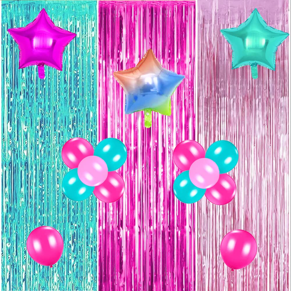 Surprise Party Supplies Birthday Decorations, Pink Teal Fuchsia Curtains and Balloons for Girls Surprise Party Cake Table Supplies to Booths Backdrop