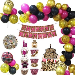 cheetah birthday decorations set - pink leopard print party decorations cheetah happy birthday banner balloon garland cake toppers stickers for girls pink cheetah party supplies,safari animal party