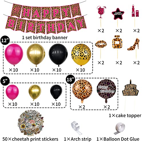 Cheetah Birthday Decorations Set - Pink Leopard Print Party Decorations Cheetah Happy Birthday Banner Balloon Garland Cake Toppers Stickers for Girls Pink Cheetah Party Supplies,Safari Animal Party