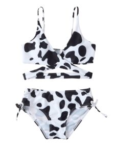 milumia girl's cute swimsuits cow print wrap knot side bikini set 2 piece criss cross bathing suit black and white 11-12 years