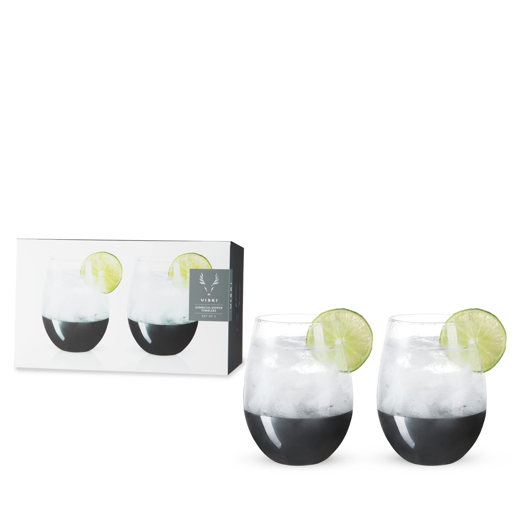 Viski Gunmetal Cocktail Set of 2 19 oz Stemless Wine, Glass, Polished Finish, Black Dipped Tumblers