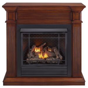 duluth forge dual fuel ventless gas fireplace system with mantle, remote control, 9 fire logs, use with natural gas or liquid propane, 32000 btu, heats up to 1500 sq. ft., brown