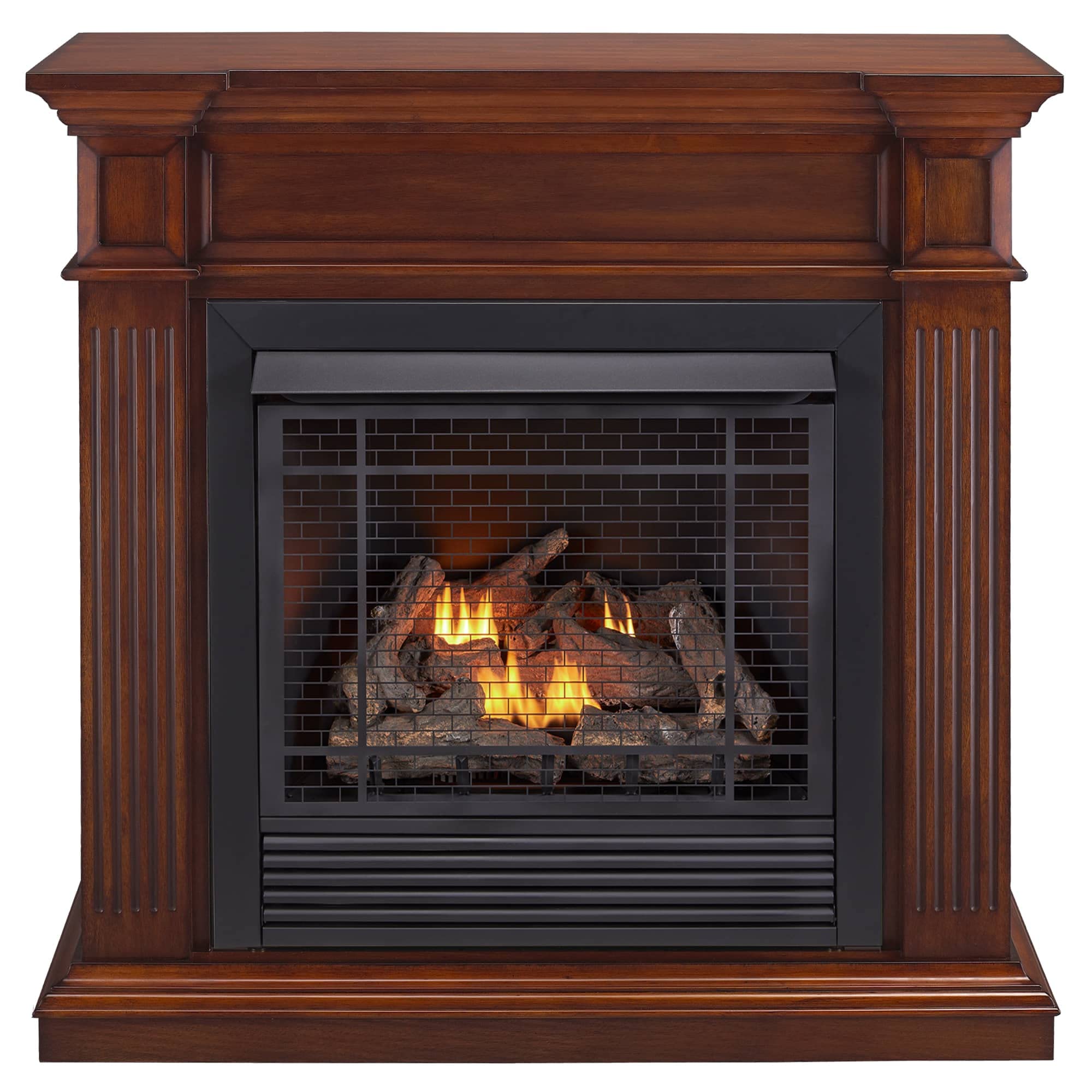 Duluth Forge Dual Fuel Ventless Gas Fireplace System with Mantle, Remote Control, 9 Fire Logs, Use with Natural Gas or Liquid Propane, 32000 BTU, Heats up to 1500 Sq. Ft., Brown