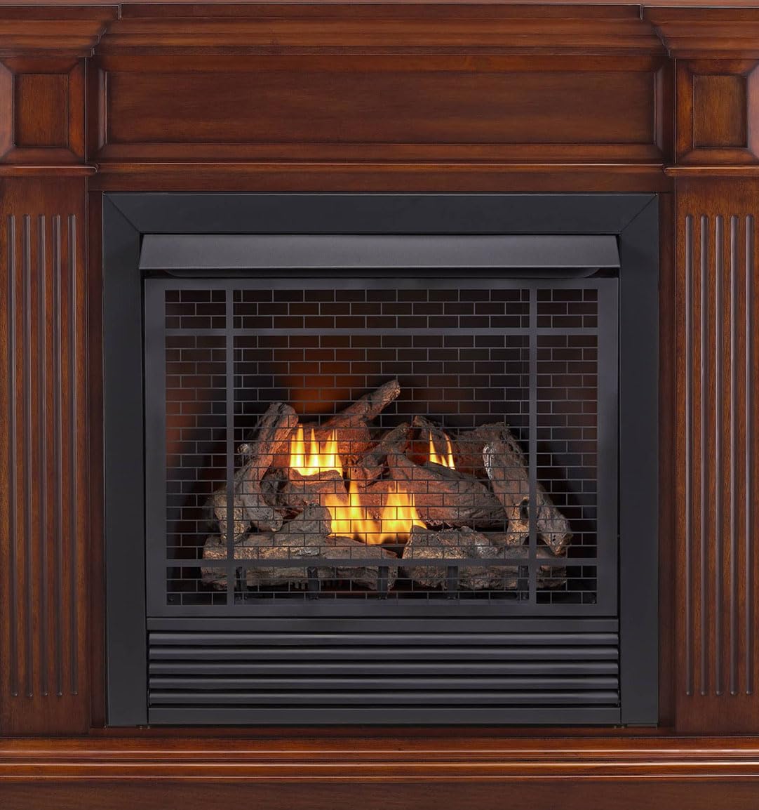 Duluth Forge Dual Fuel Ventless Gas Fireplace System with Mantle, Remote Control, 9 Fire Logs, Use with Natural Gas or Liquid Propane, 32000 BTU, Heats up to 1500 Sq. Ft., Brown