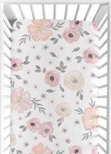 sweet jojo designs watercolor floral girl cotton fitted crib sheet baby or toddler bed nursery - blush pink, grey and white boho shabby chic rose flower 100% cotton