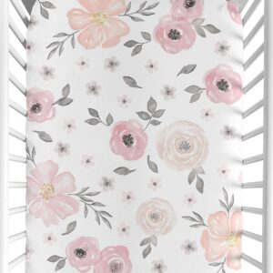 Sweet Jojo Designs Watercolor Floral Girl Cotton Fitted Crib Sheet Baby or Toddler Bed Nursery - Blush Pink, Grey and White Boho Shabby Chic Rose Flower 100% Cotton