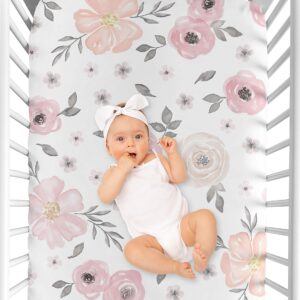 Sweet Jojo Designs Watercolor Floral Girl Cotton Fitted Crib Sheet Baby or Toddler Bed Nursery - Blush Pink, Grey and White Boho Shabby Chic Rose Flower 100% Cotton